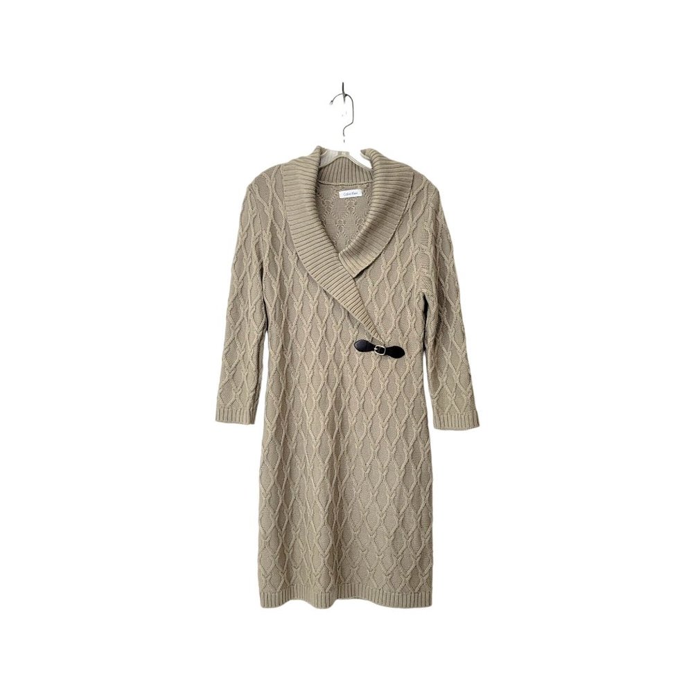 Calvin Klein Cable Knit Shawl Collar Sweater Dress with Leather Buckle Accent - Picture 1 of 5